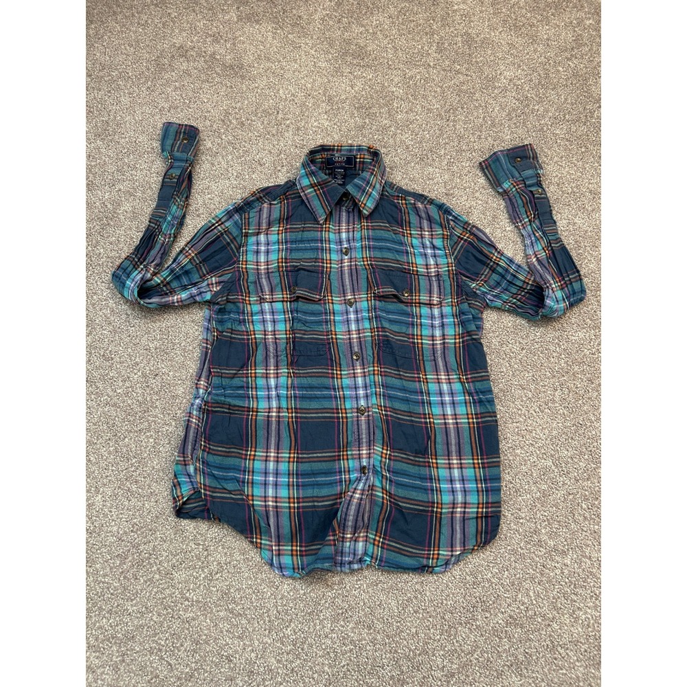 Chaps Denim Button Down Shirt Womens Small Petite Blue Plaid Excellent Cotton